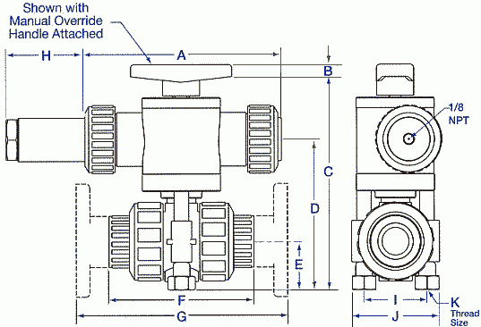 dimensional drawing of series ABV air actuated ball valves