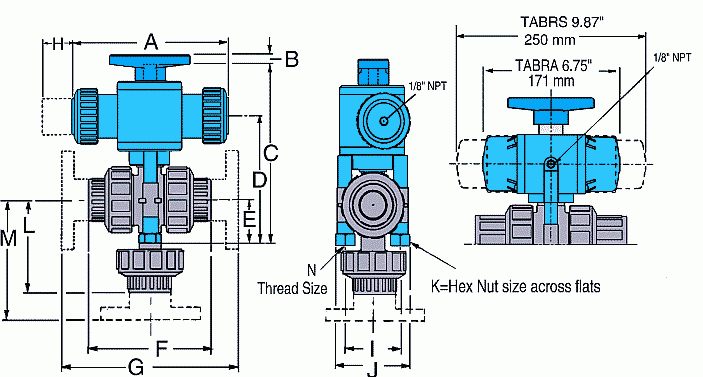 dimensional drawing of series TABV Actuated 3-way ball valves