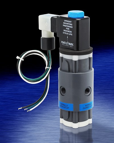Series THP is a 3-way solenoid valve for all types of nasty chemicals, as well as ultra-pure liquids.